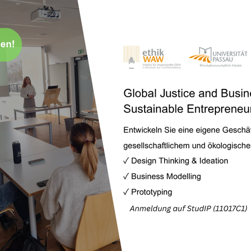 Ank&uuml;ndigungsgrafik f&uuml;r das Seminar "Sustainable Entrepreneurship" der Universit&auml;t Passau im Wintersemester 2026/27