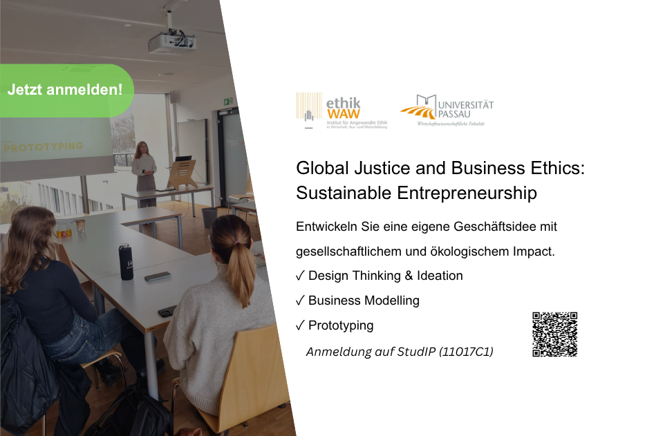 Ank&uuml;ndigungsgrafik f&uuml;r das Seminar "Sustainable Entrepreneurship" der Universit&auml;t Passau im Wintersemester 2026/27